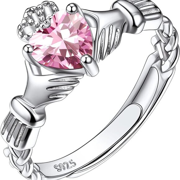 925 Sterling Silver Good Luck Celtic Twisted Knot/Claddagh Heart Birthstone Ring - Picture 1 of 7